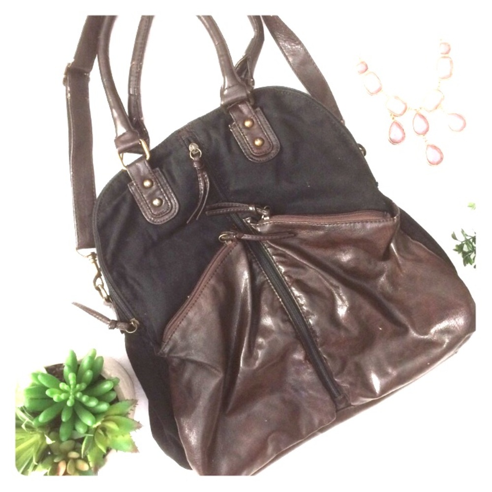 Mixed media brown faux leather & black cloth purse